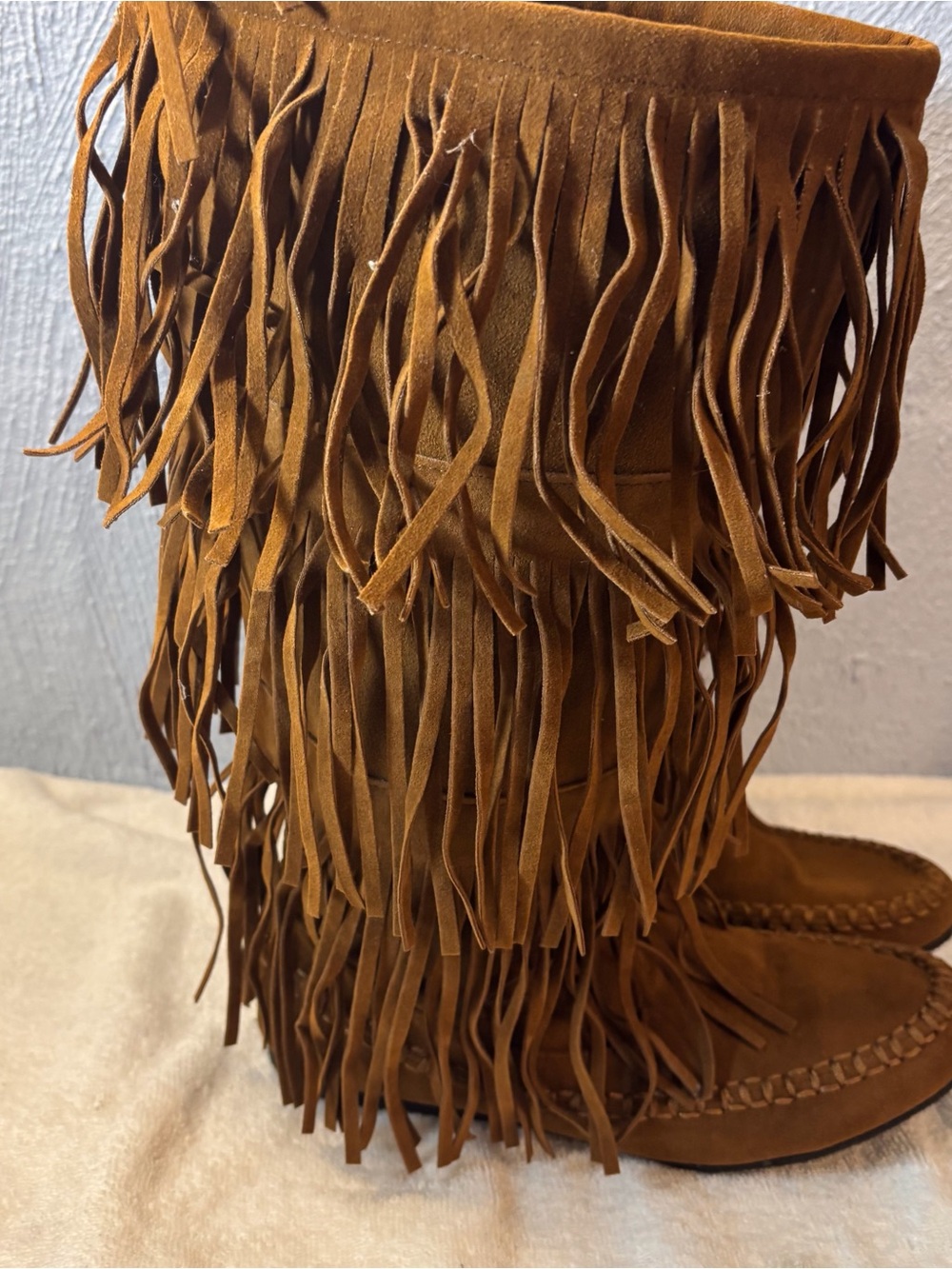 Hot Cakes Fringe Faux  Suede Moccasin Boots Brown SZ 9 M 14” Tall Colorado Style